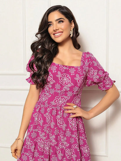 Long printed dress with sleeves