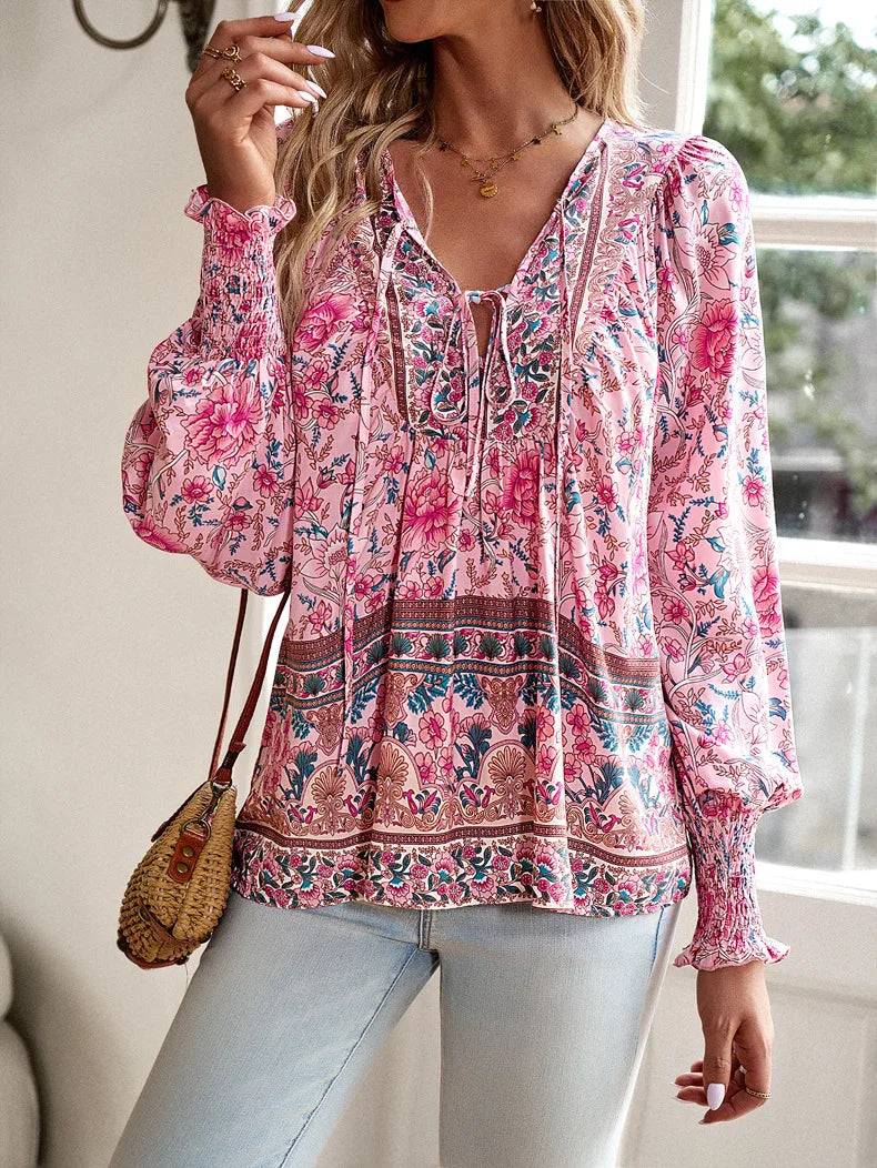 Vintage Bloom V-Neck Blouse - Livellia