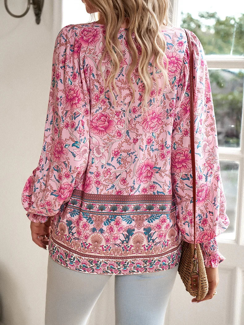 Vintage Bloom V-Neck Blouse - Livellia